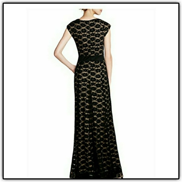 NWT'S Black Lace w/ Nude Underlay Cap Sleeve Formal Gown - Picture 2 of 4